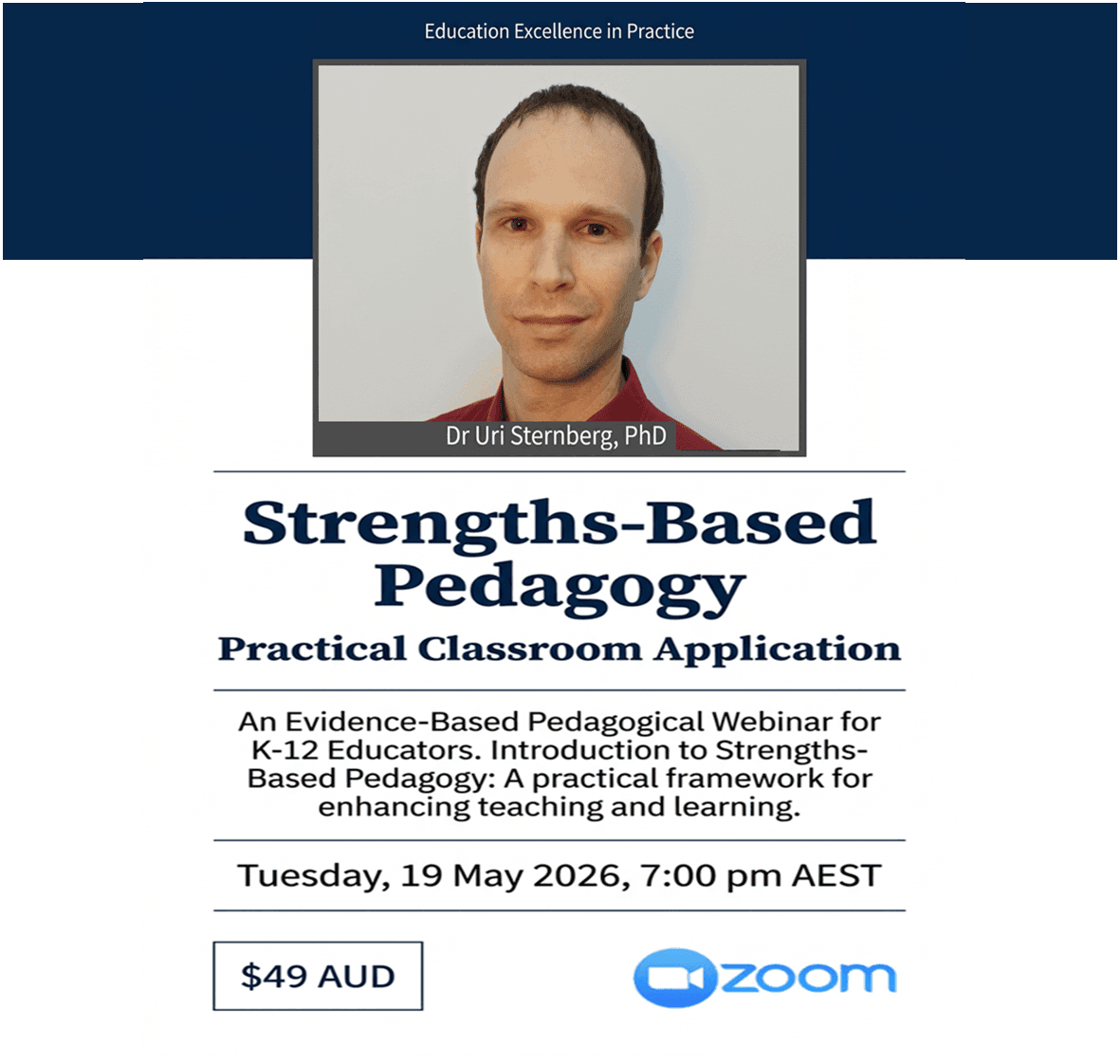 Webinar flyer for Strengths-Based Pedagogy featuring Dr Uri Sternberg, PhD, on May 19, 2026.